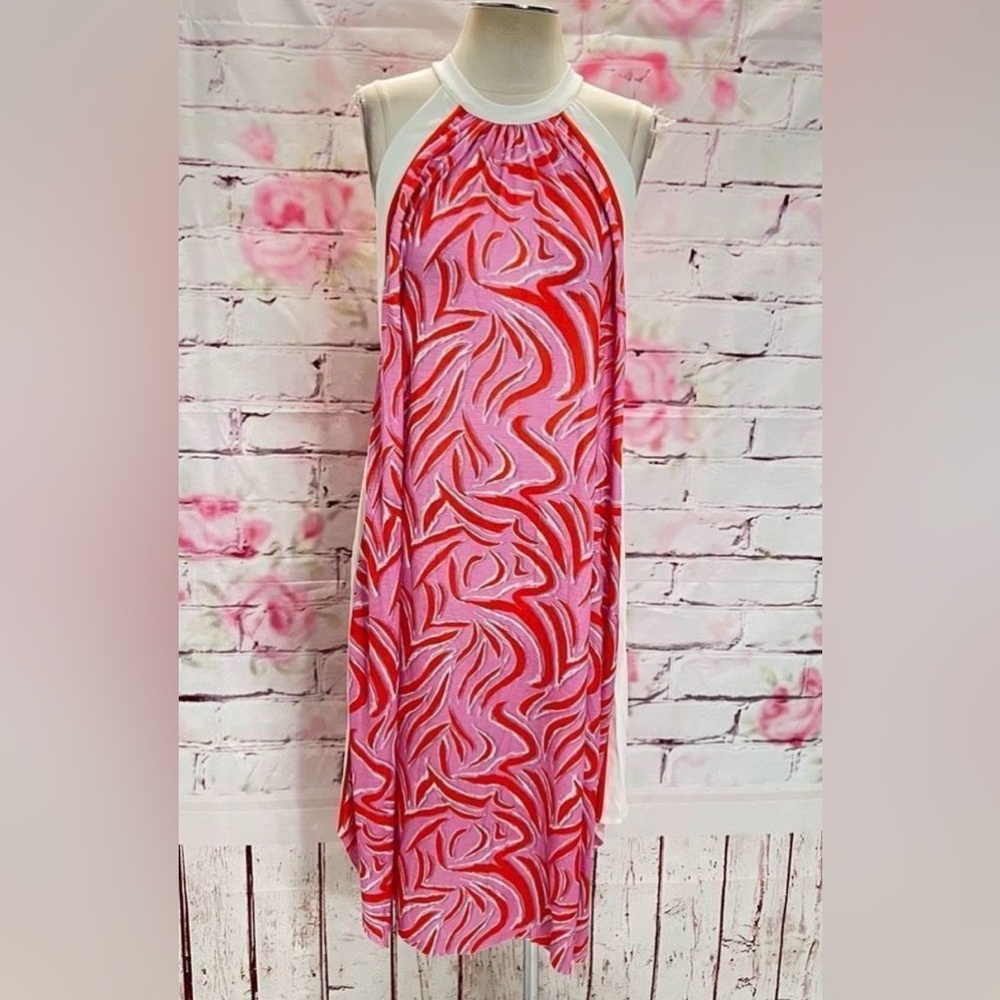 Zara Pink and Red Printed Halter Maxi Dress with White Panels